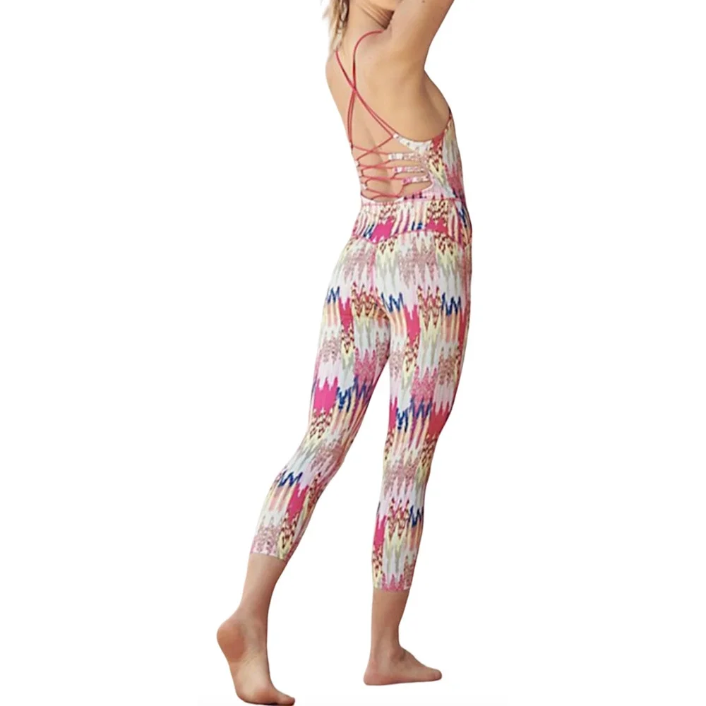 FREE PEOPLE FP MOVEMENT SHE'S GOT RHYTHM PRINTED STRAPPY JUMPSUIT ONE PIECE XS